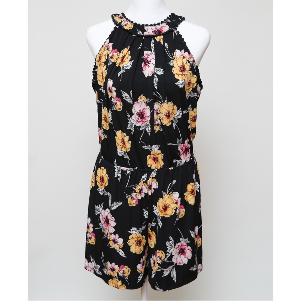 Maurices Short Romper Black with Yellow Pink Flowers Size M